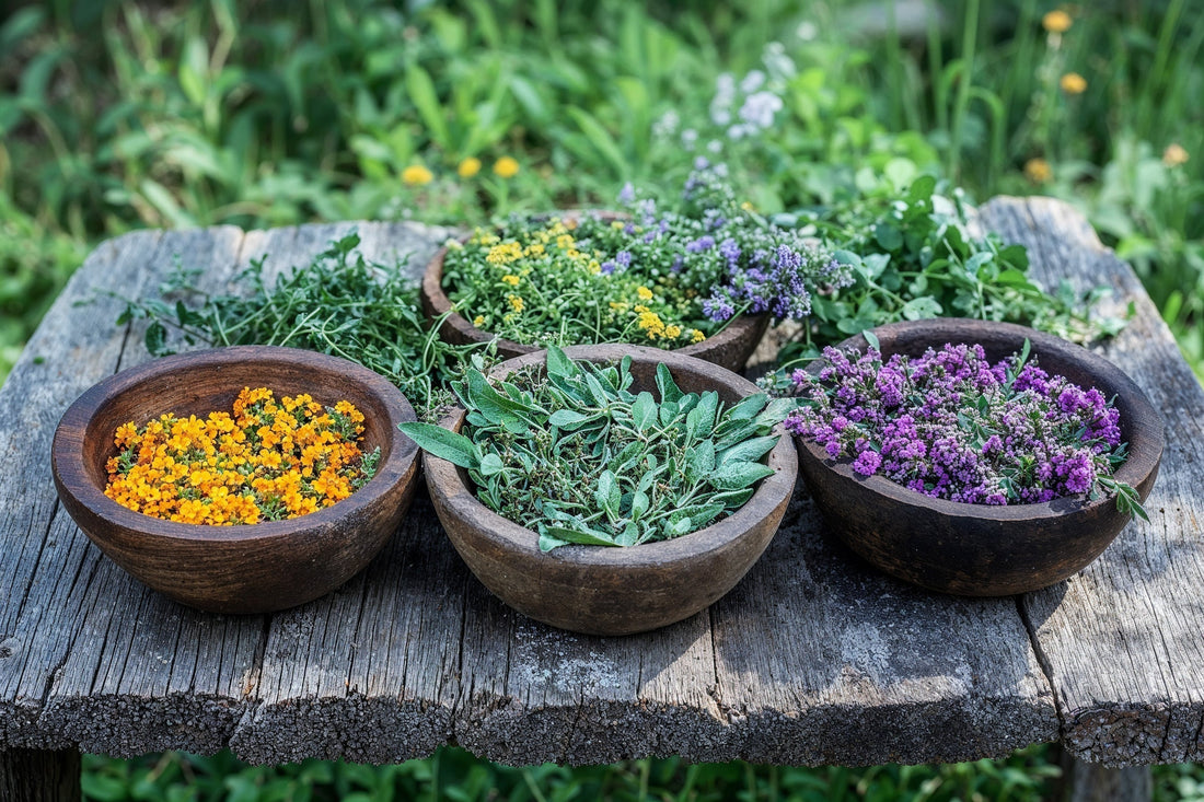 Bowls of herbs on an altar.