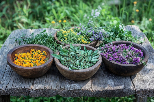 Bowls of herbs on an altar.