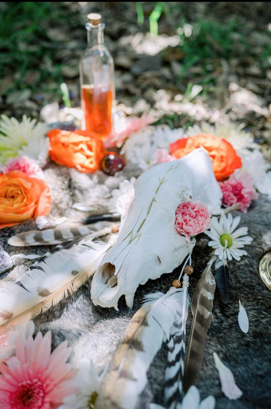 An altart with flowers and an ammal skull