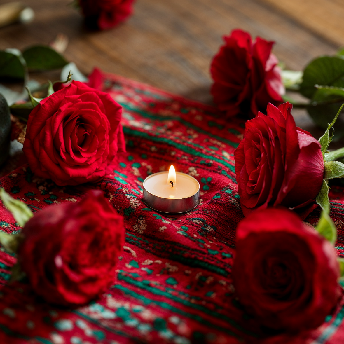 An altar with candles and roses