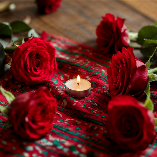 An altar with candles and roses