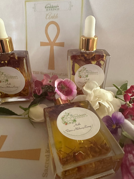 Three perfume bottles with floral decorations on a white background