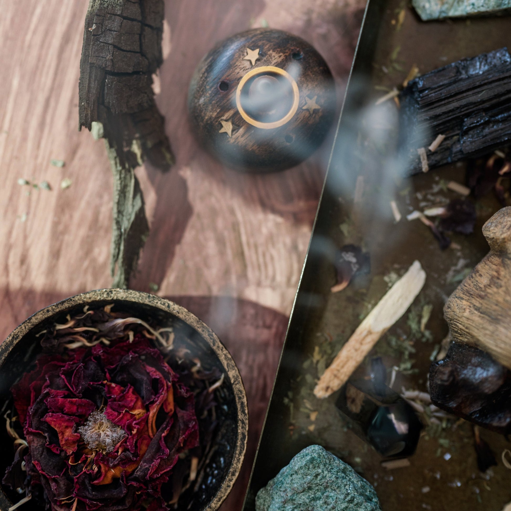 Incense burning on an altar, viewed from above