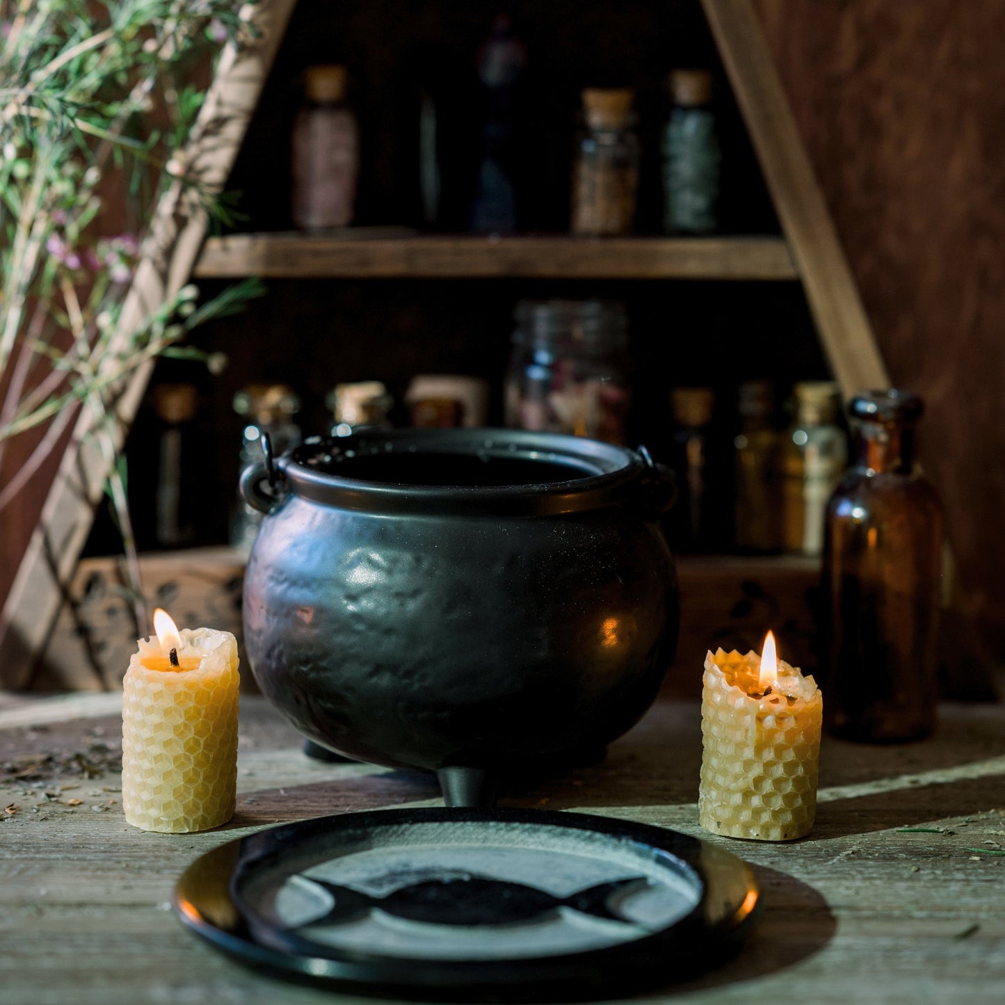 A cauldron on an altar wih plants, candles and a plate showing the symbol of the triple goddess