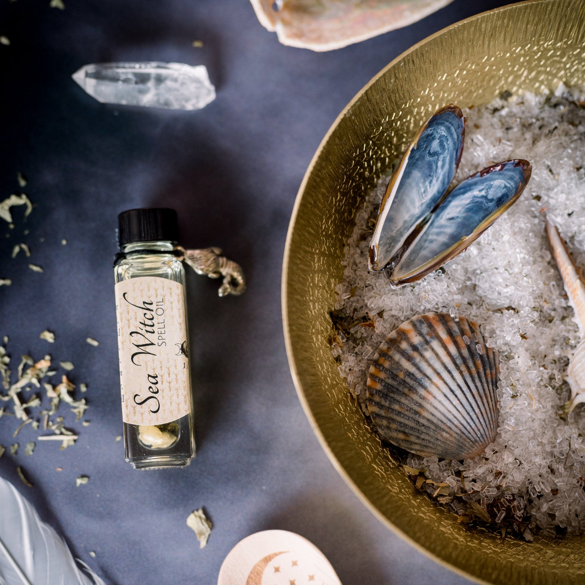 An altar with sea shells, feathers, crystals and a potion.