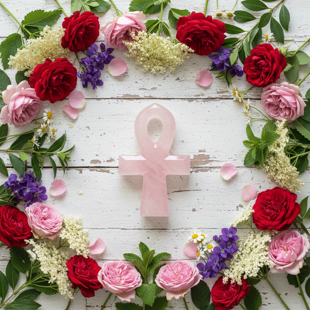 Rose Quartz Ankh - White Vintage Floorboards