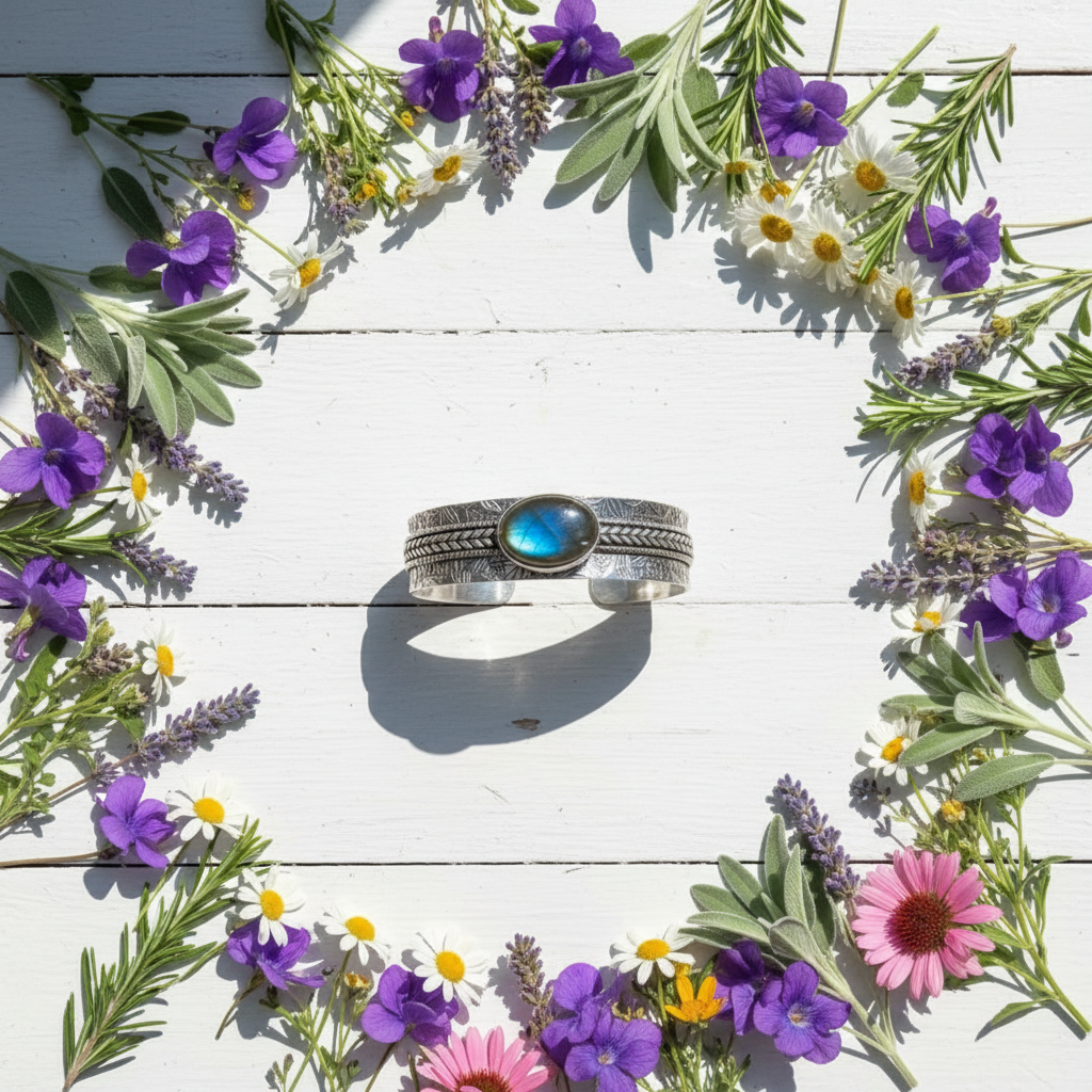 Veilfire Priestess Cuff on white floorboards